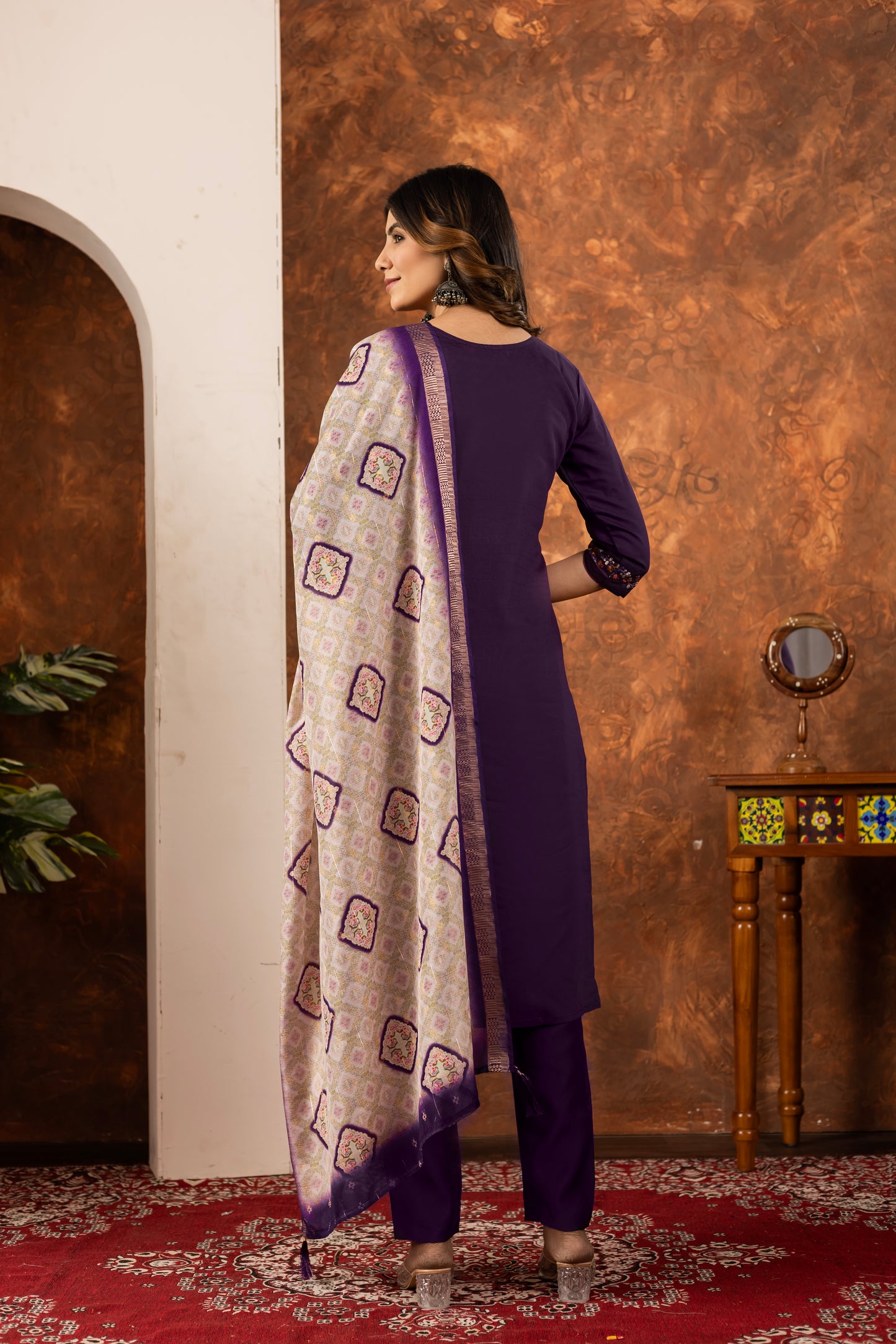 Elegant Straight Kurti Pant Dupatta Set Marina Silk Wine colour