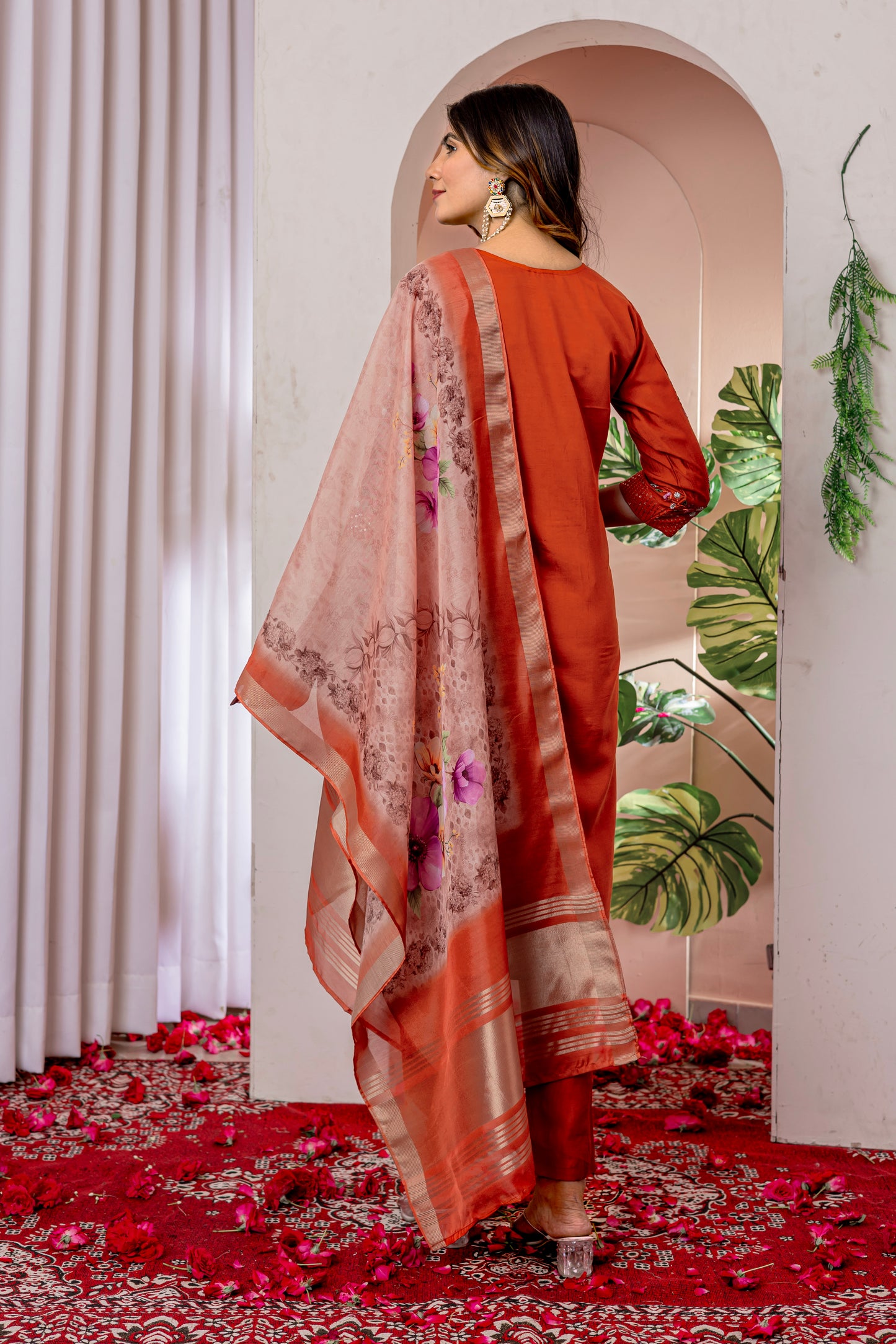 Viscose Silk orange colour Elegant Straight Kurti Pant Dupatta Set