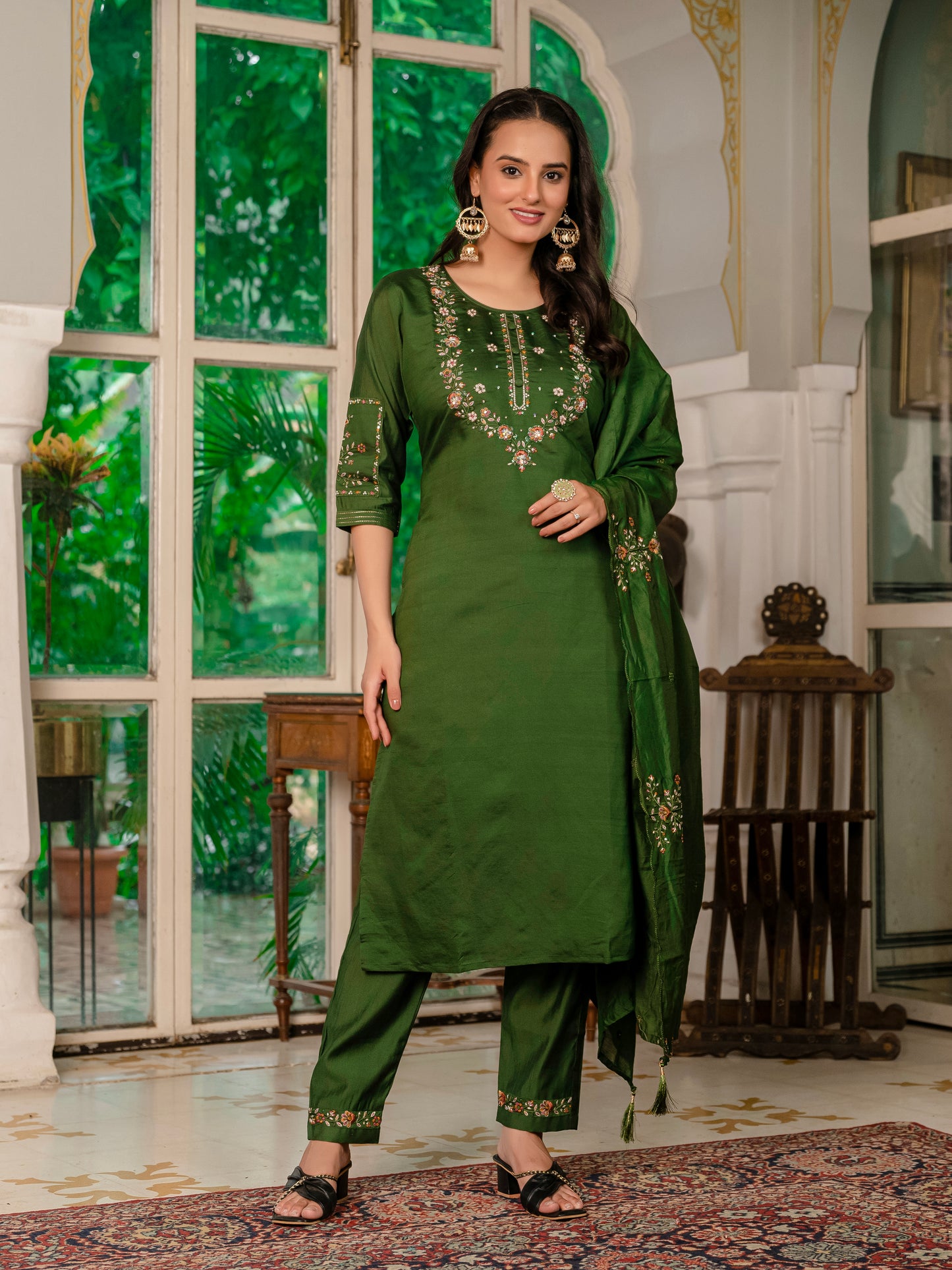 Marina Silk Mehndi Green Colour Elegant Straight Kurti Pant Dupatta Set
