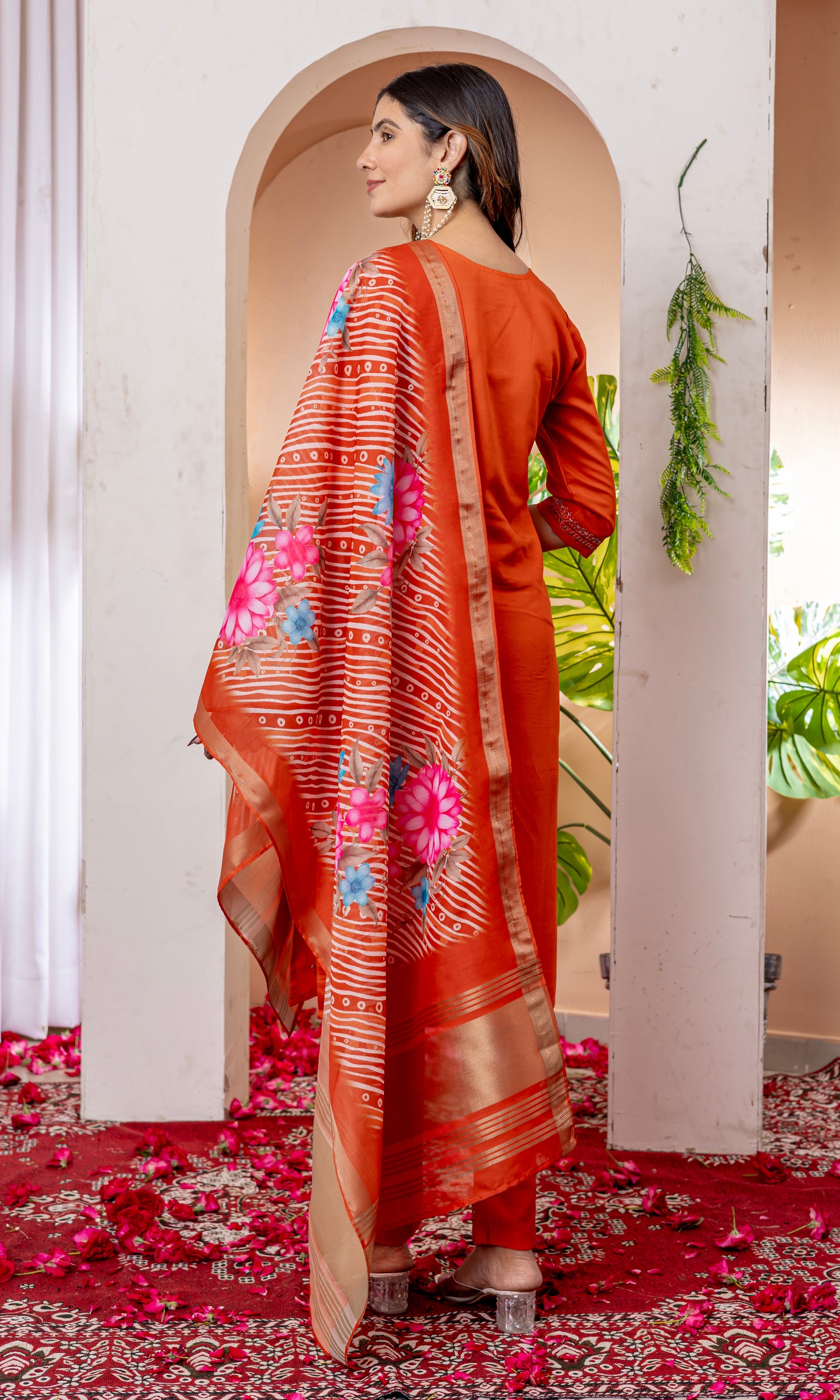 Marina Viscose Silk Orange colour Elegant Straight Kurti Pant Dupatta Set