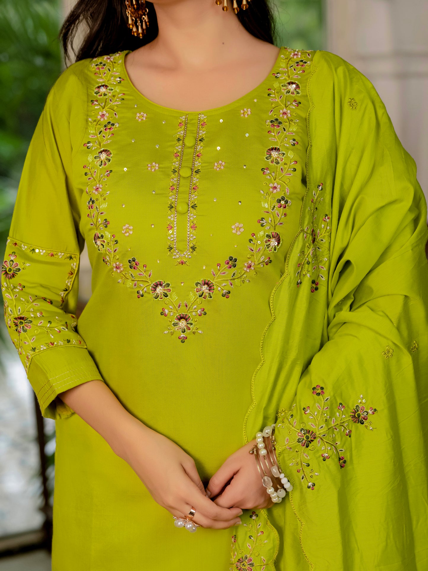 Marina Silk Parrot Green Colour Elegant Straight Kurti Pant Dupatta Set
