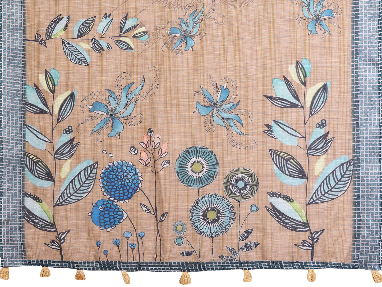 Elegant Linen Cotton Saree with Blue Floral Accents