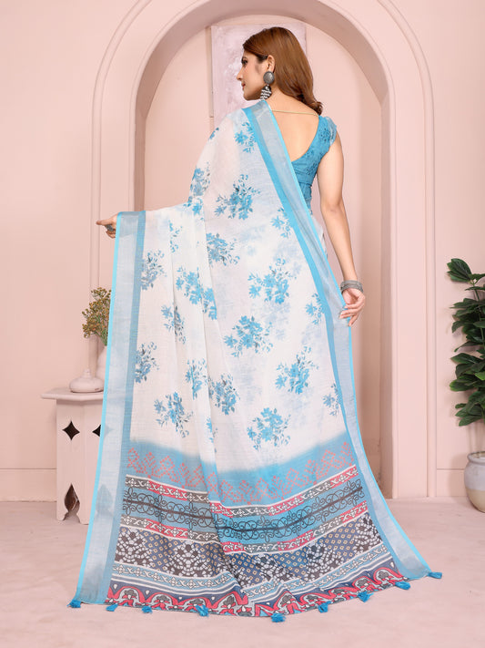 White and Sky Blue Linen Cotton Saree with Artistic Pallu