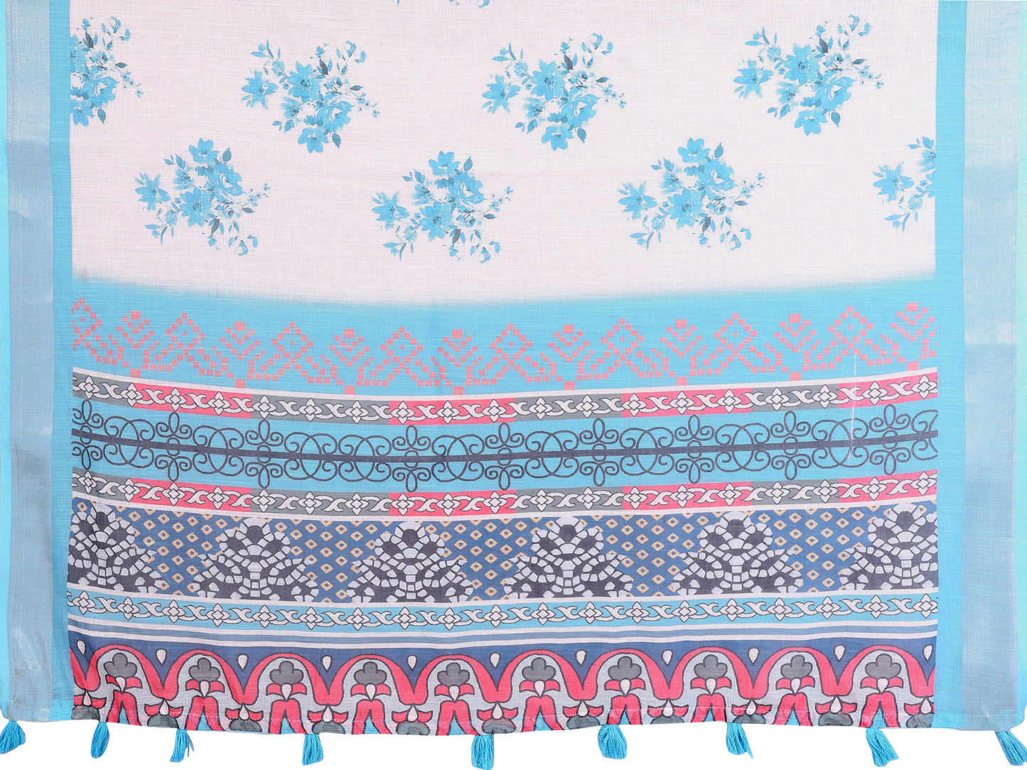 White and Sky Blue Linen Cotton Saree with Artistic Pallu