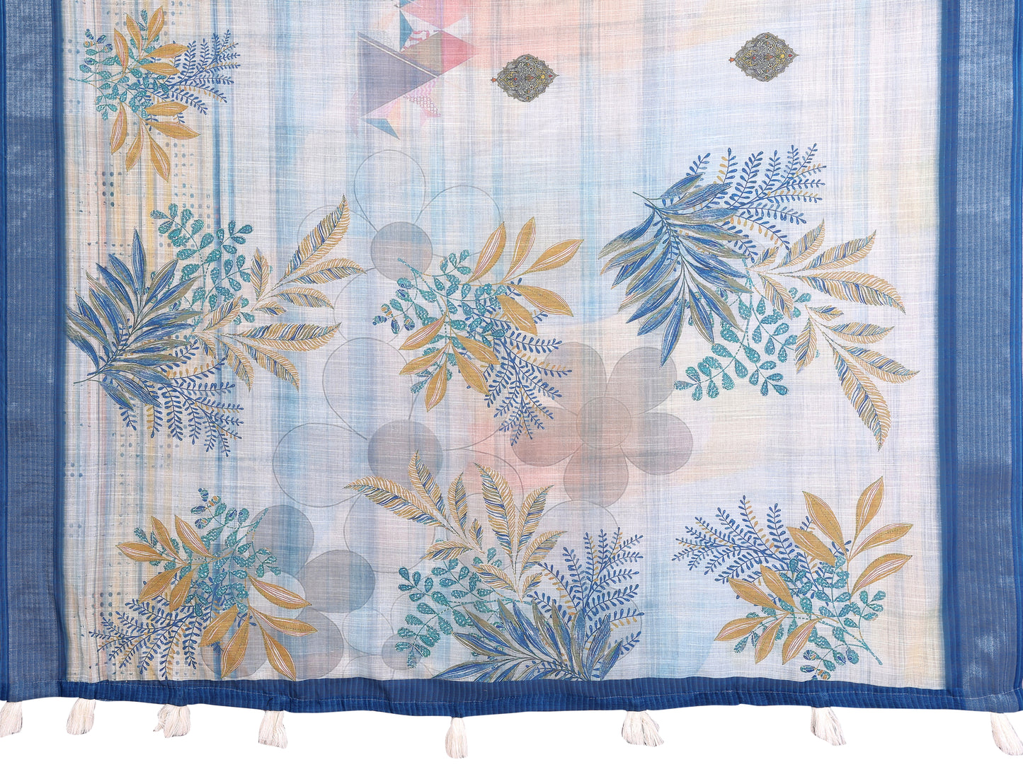 Pastel Blue Linen Cotton Saree with Tropical Leaf Prints