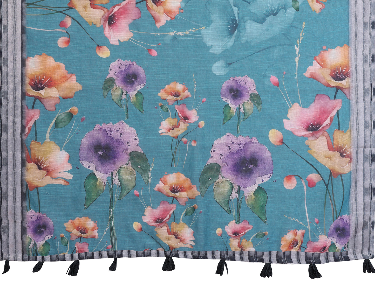 Teal Linen Cotton Saree with Multicolor Floral Prints