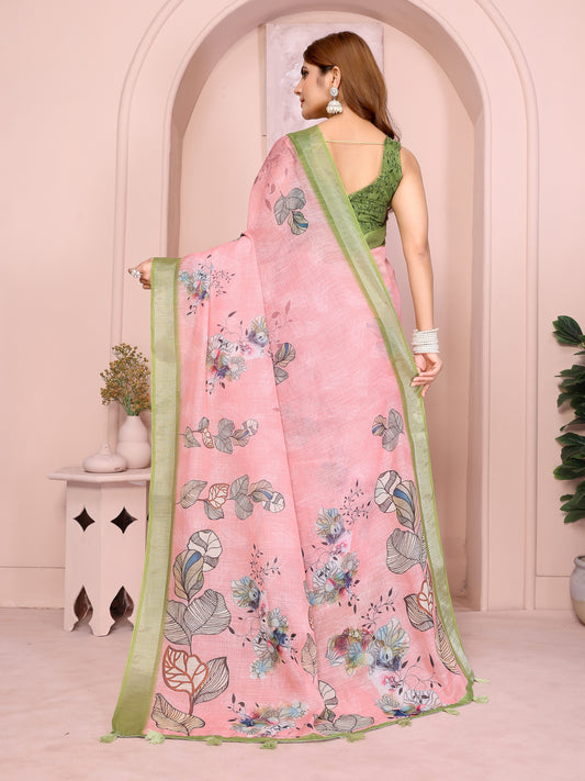 Graceful Linen Cotton Saree with Pastel Floral Elegance