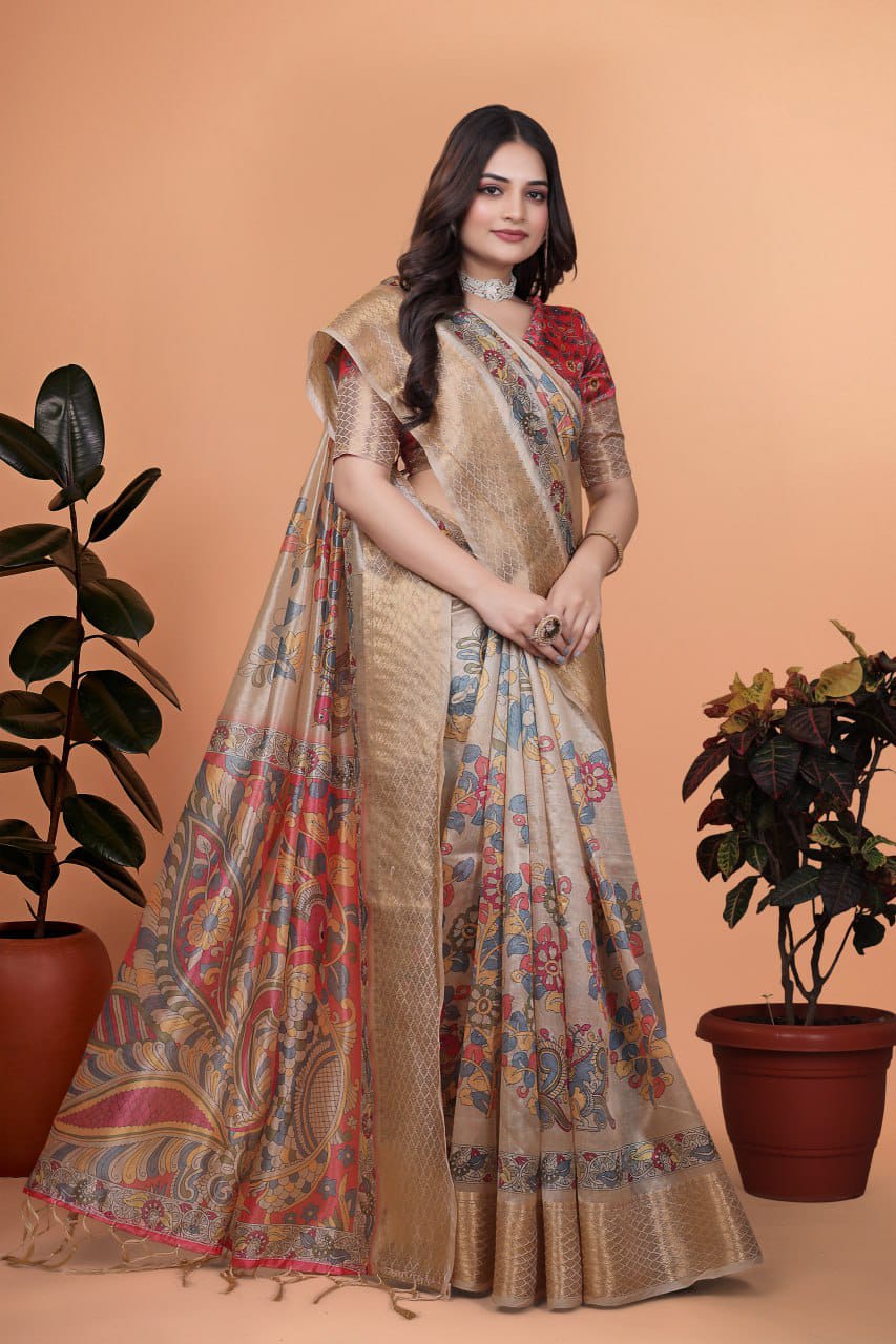 Beige Soft Silk Saree with Copper Zari Border & Multicolor Pallu
