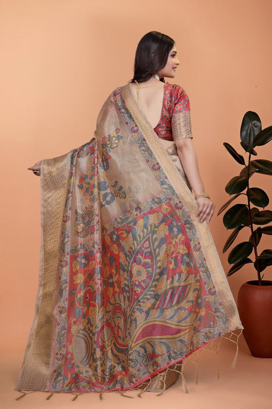 Beige Soft Silk Saree with Copper Zari Border & Multicolor Pallu