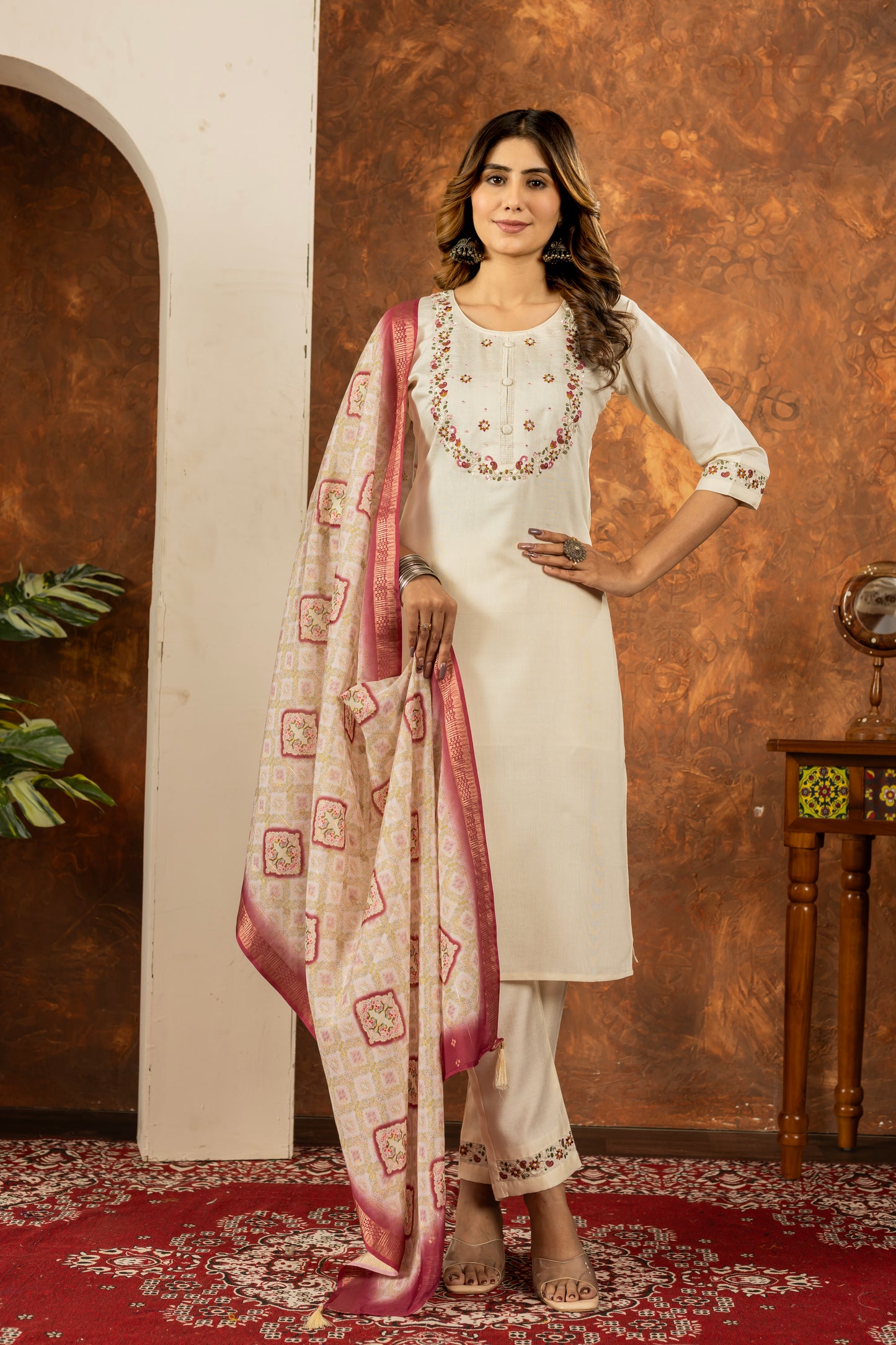 Elegant Straight Kurti Pant Dupatta Set Marina Silk Off White colour