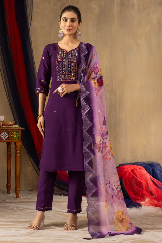 Roman Silk Purple Elegant Straight Kurti Pant Dupatta Set