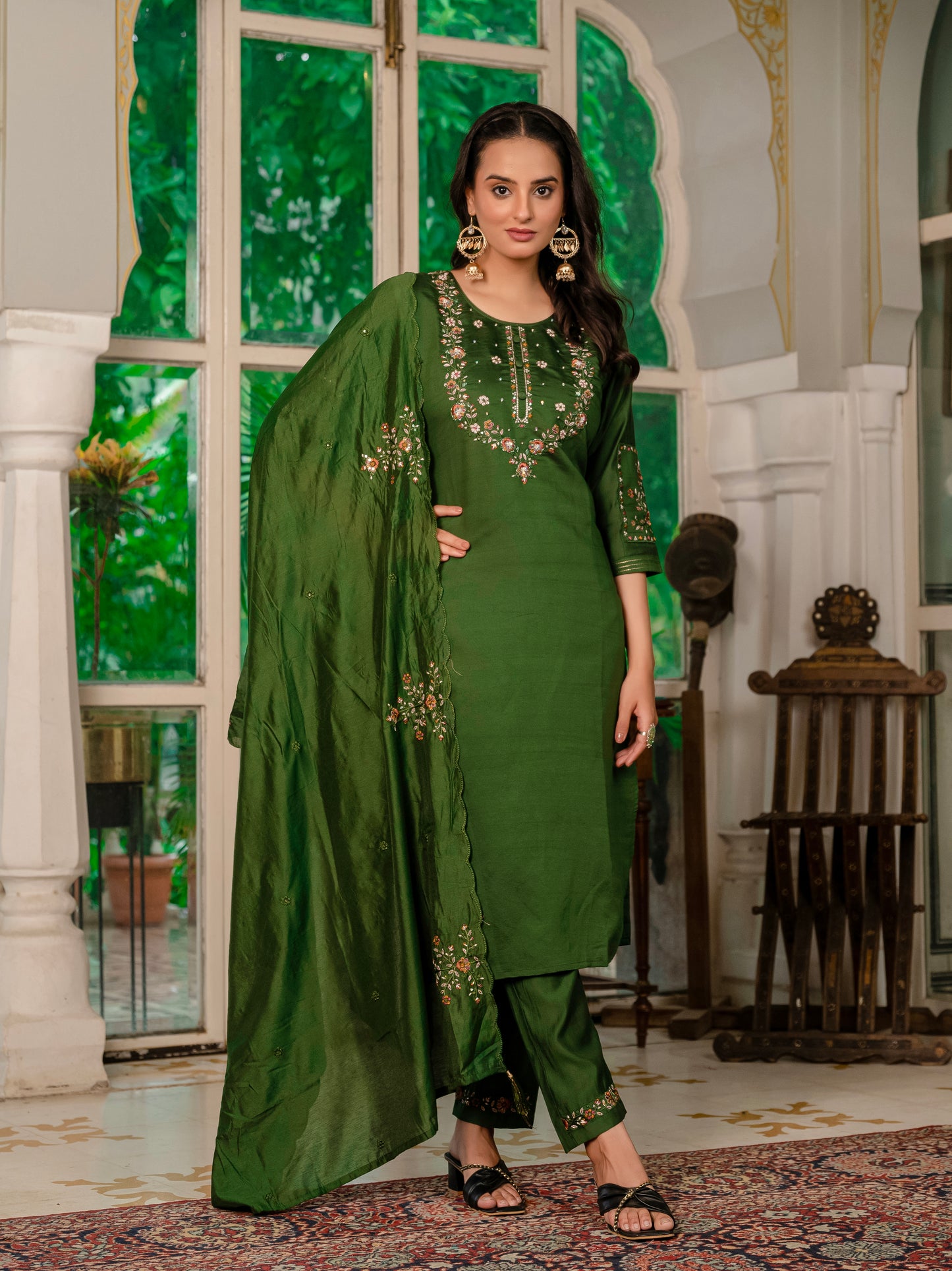 Marina Silk Mehndi Green Colour Elegant Straight Kurti Pant Dupatta Set