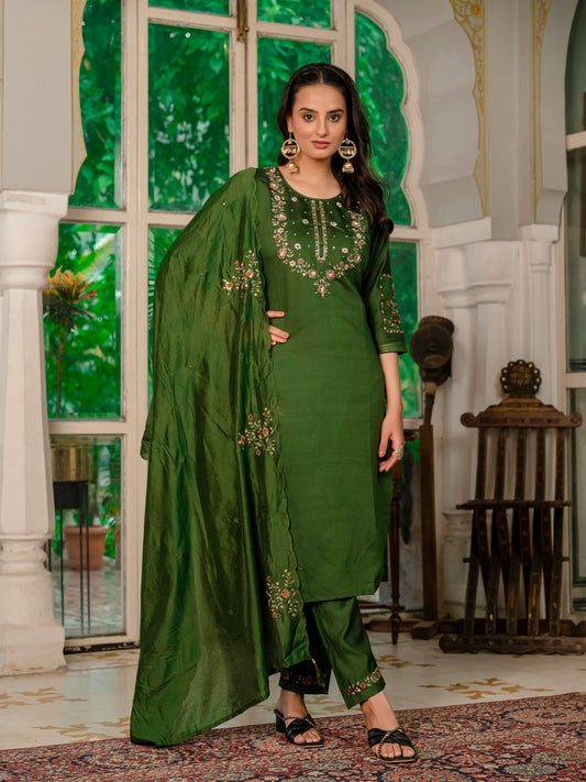 Marina Silk Mehndi Green Colour Elegant Straight Kurti Pant Dupatta Set
