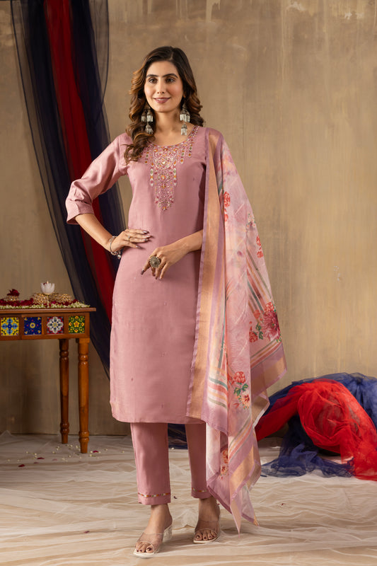 Shimmer Gold Silk Onion Pink Colour Elegant Straight Kurti Pant Dupatta Set
