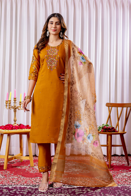 Viscose Silk Mustard yellow colour Elegant Straight Kurti Pant Dupatta Set