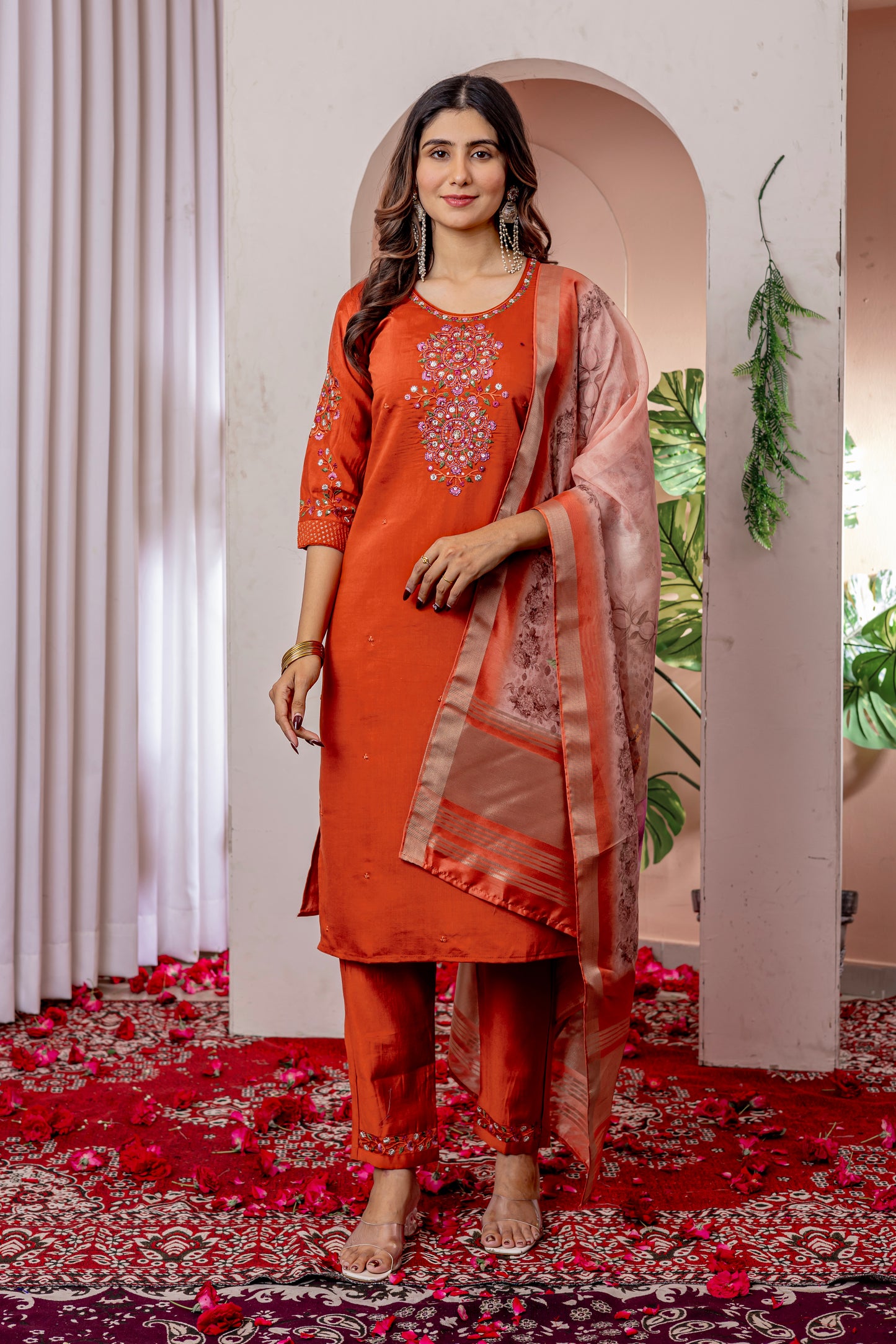 Viscose Silk orange colour  Elegant Straight Kurti Pant Dupatta Set