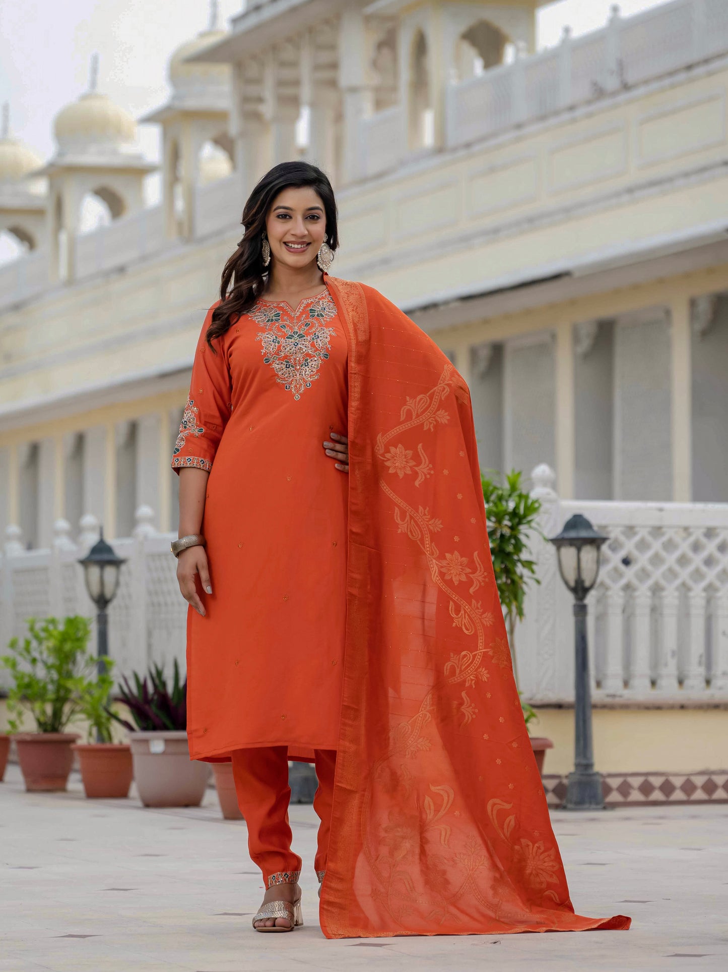 Premium Roman Silk orange colour  kurti