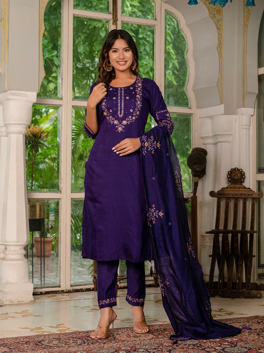 Marina Silk Violet Colour Elegant Straight Kurti Pant Dupatta Set