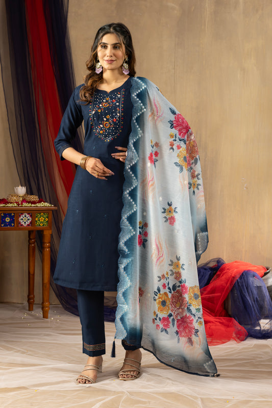 Viscose mango silk Elegant Straight Kurti Pant Dupatta Set