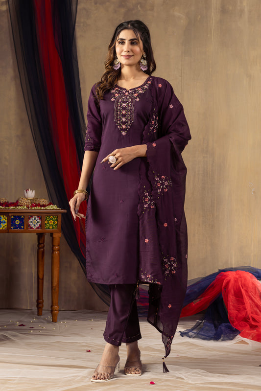 Roman Silk Wine Elegant Straight Kurti Pant Dupatta Set