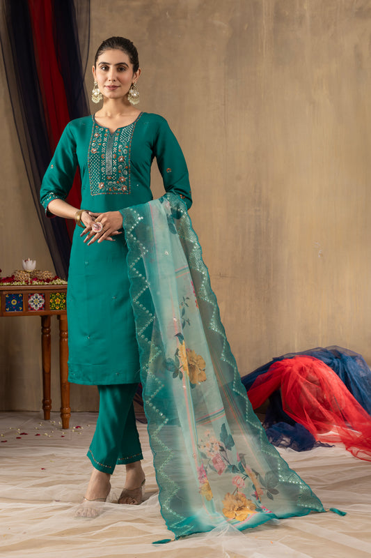 Roman Silk Rama Green Elegant Straight Kurti Pant Dupatta Set