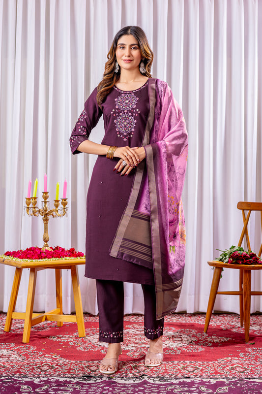 Viscose Silk Wine colour Elegant Straight Kurti Pant Dupatta Set