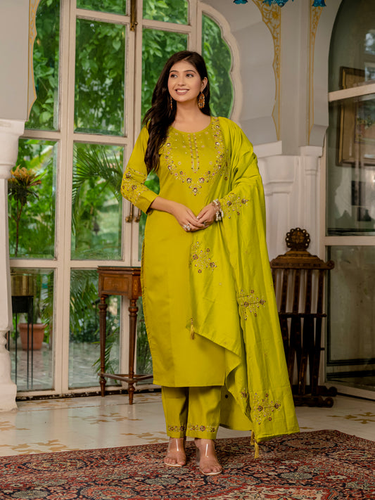 Marina Silk Musturd Yellow Elegant Straight Kurti Pant Dupatta Set