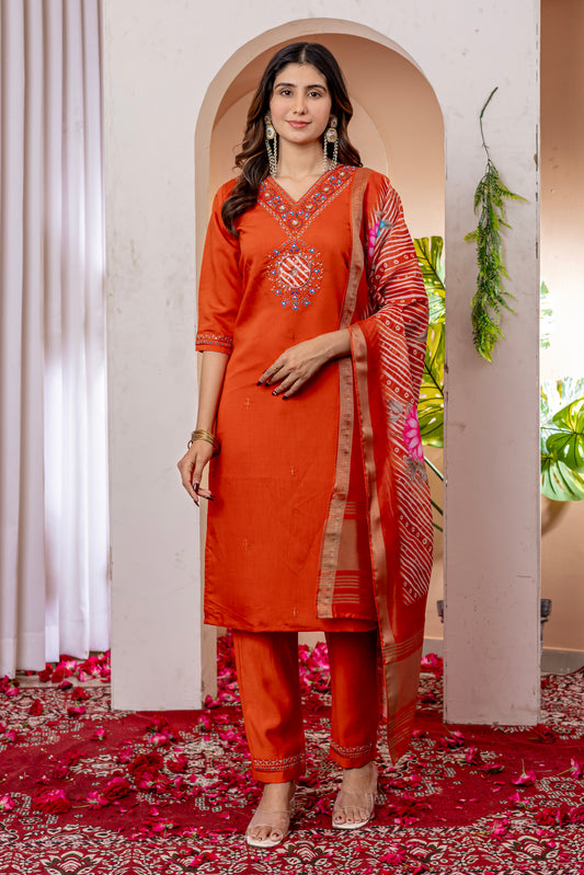 Marina Viscose Silk Orange colour Elegant Straight Kurti Pant Dupatta Set