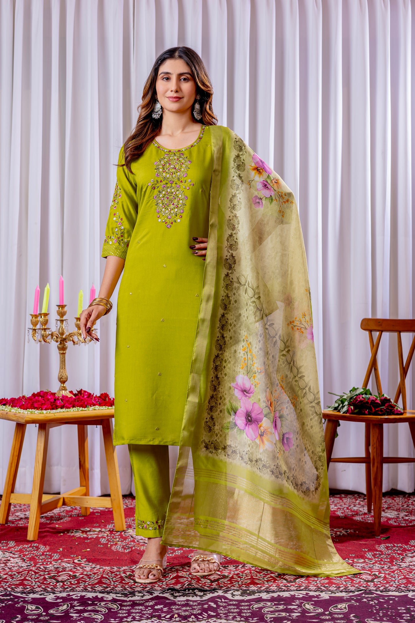 Viscose Silk paroot green colour Elegant Straight Kurti Pant Dupatta Set