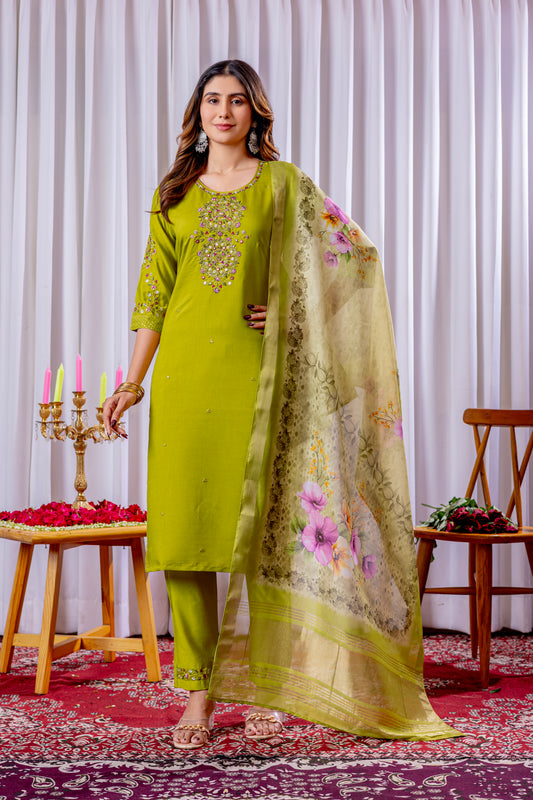 Viscose Silk paroot green colour Elegant Straight Kurti Pant Dupatta Set