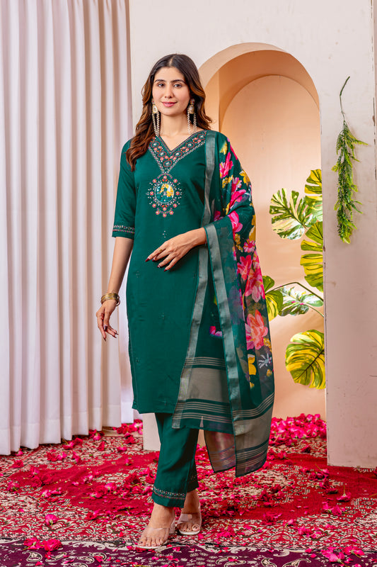 Marina Viscose Silk Green  Colour Elegant Straight Kurti Pant Dupatta Set