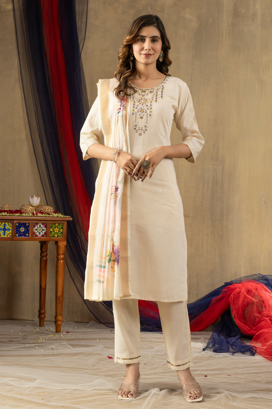 Shimmer Gold Silk  Off White Colour Elegant Straight Kurti Pant Dupatta Set