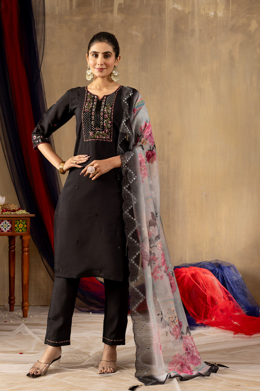 Roman Silk black Elegant Straight Kurti Pant Dupatta Set