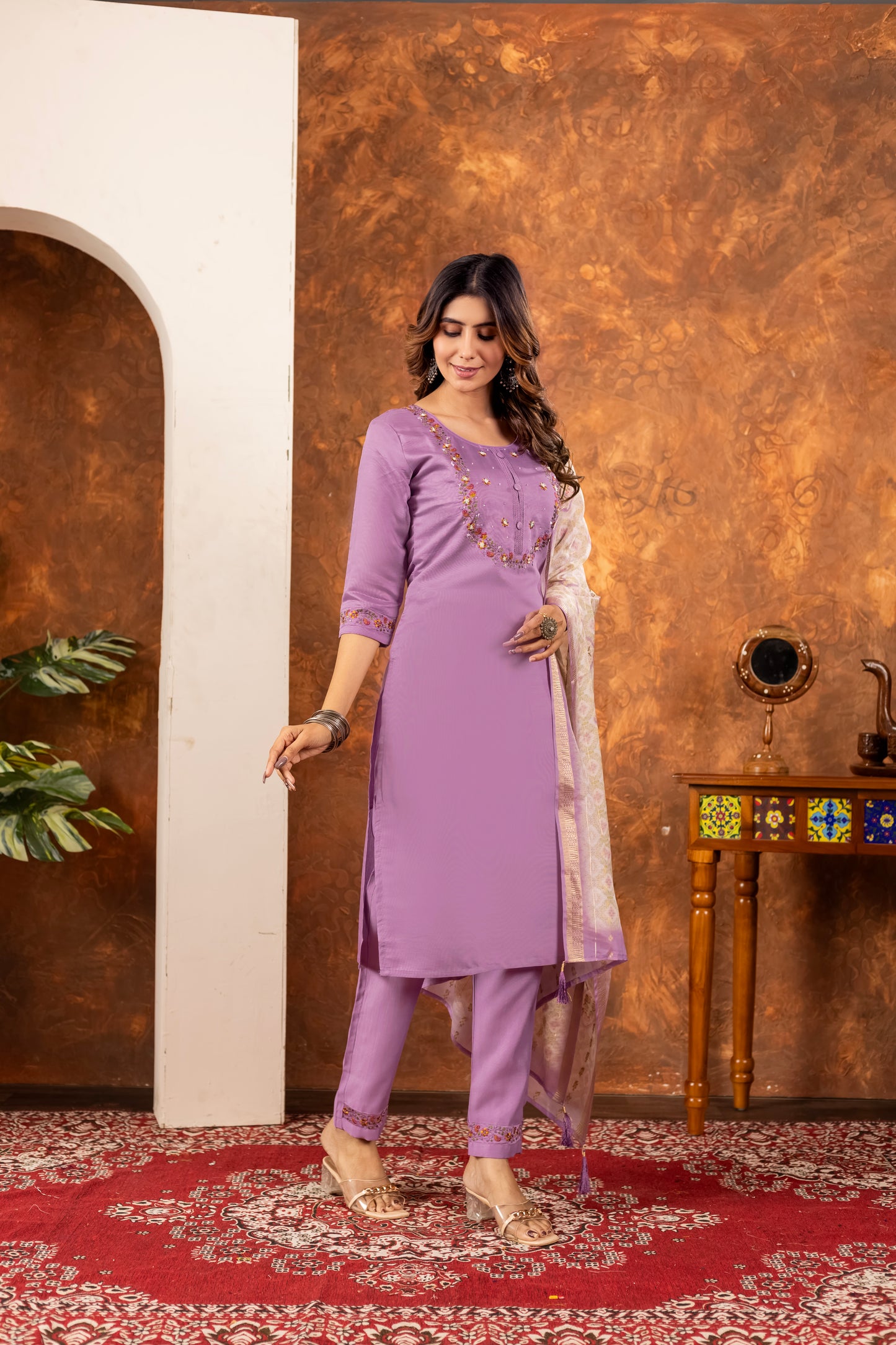 Elegant Straight Kurti Pant Dupatta Set Marina Silk Lavender colour