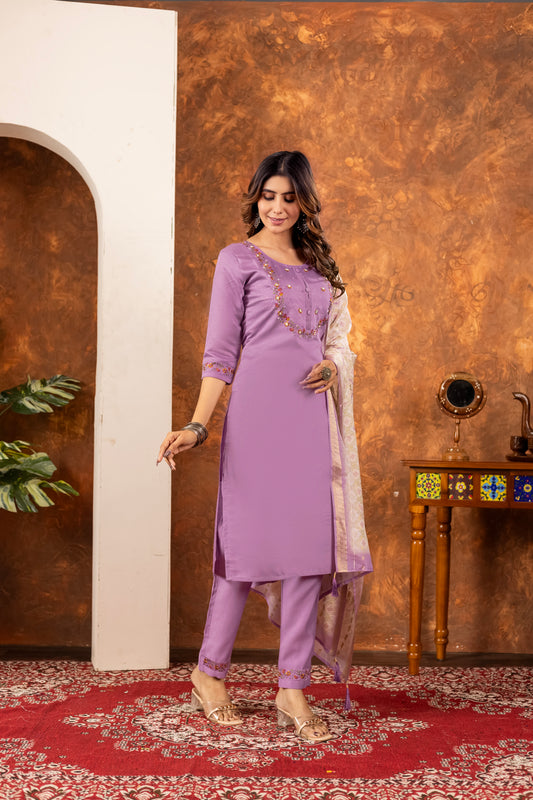 Elegant Straight Kurti Pant Dupatta Set Marina Silk Lavender colour