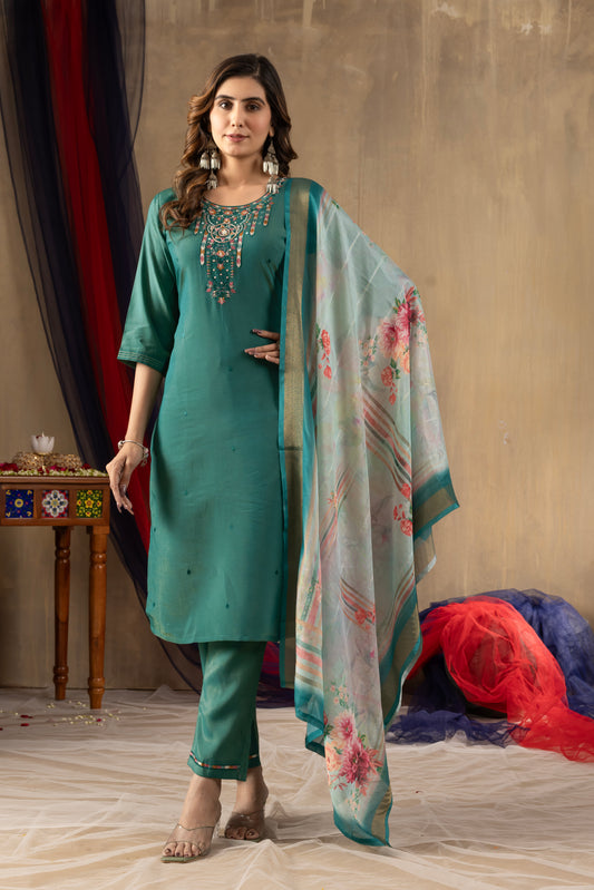 Shimmer Gold Silk Rama Green Colour Elegant Straight Kurti Pant Dupatta Set