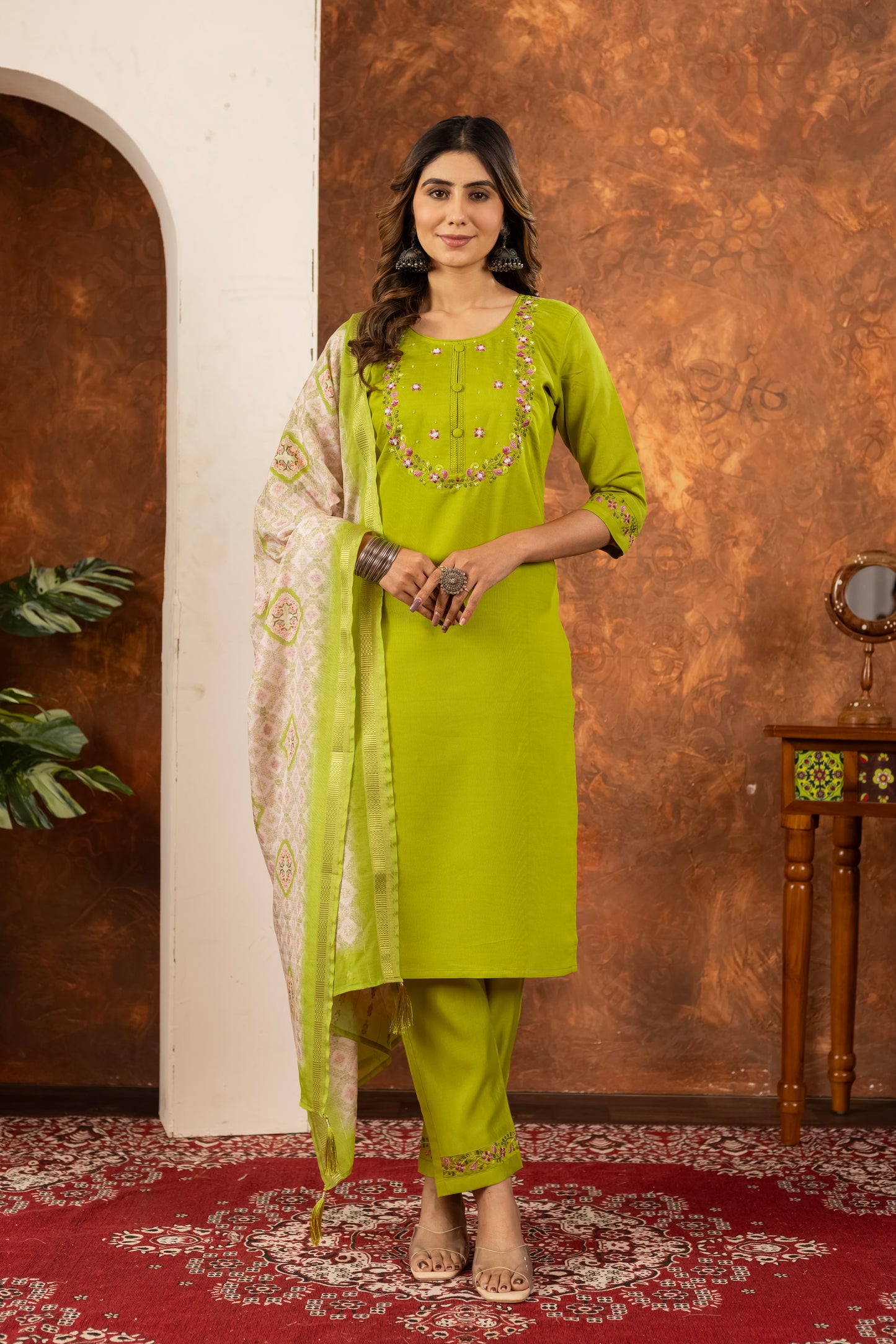 Elegant Straight Kurti Pant Dupatta Set Marina Silk Perot green colour