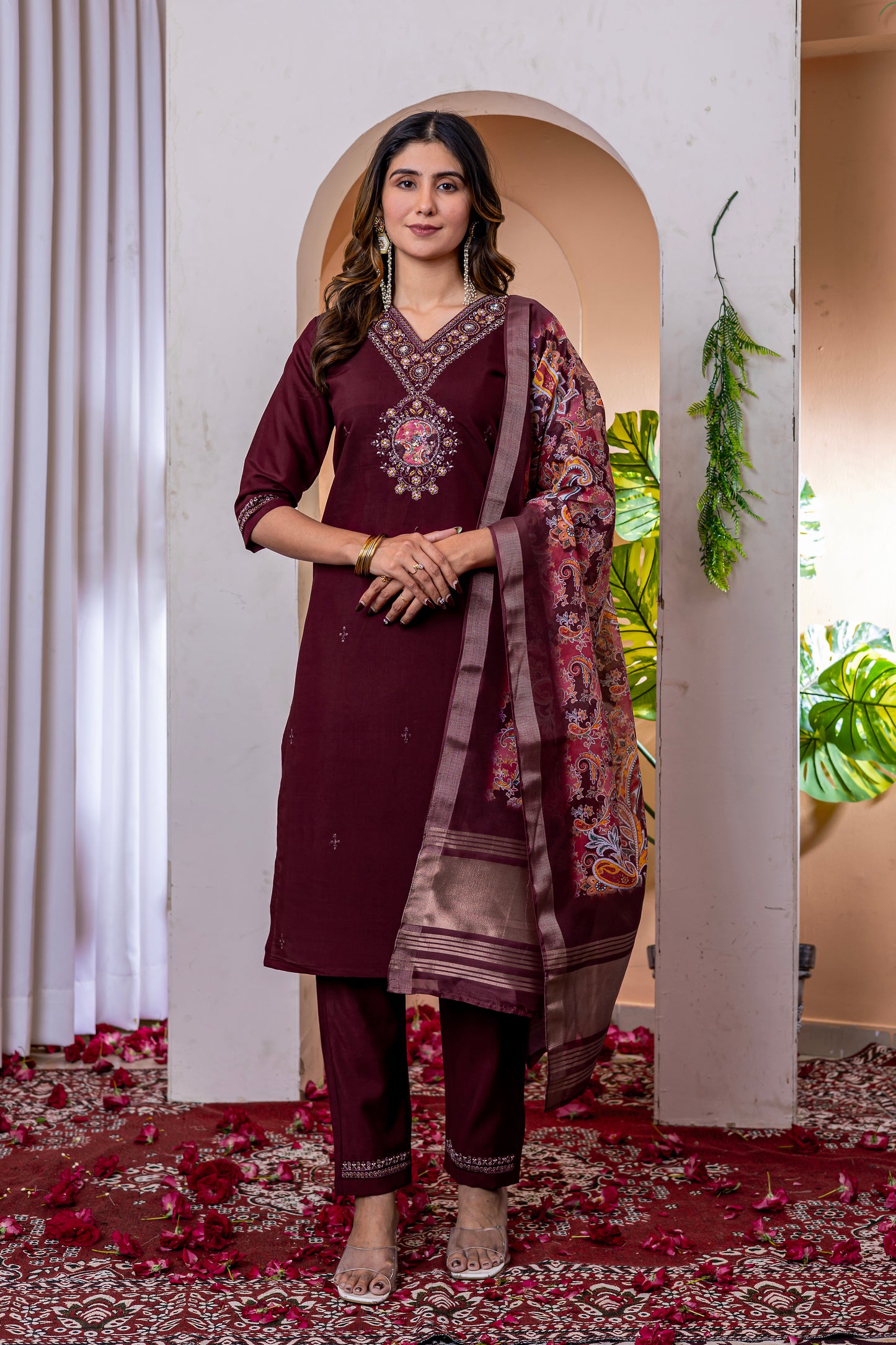 Marina Viscose Silk Wine Colour Elegant Straight Kurti Pant Dupatta Set