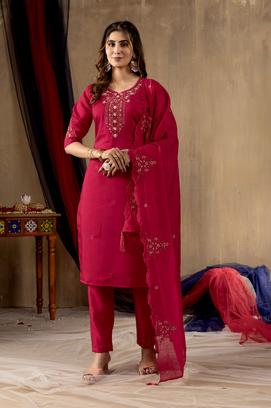 Roman Silk  Rani pink Elegant Straight Kurti Pant Dupatta Set