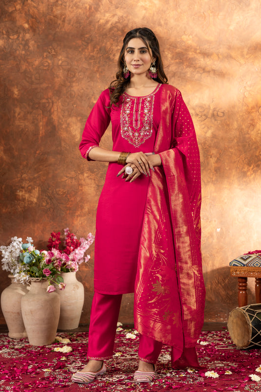Multi Embroidery Thread With Hand Work Kurti pant  dupatta set Pink  colour