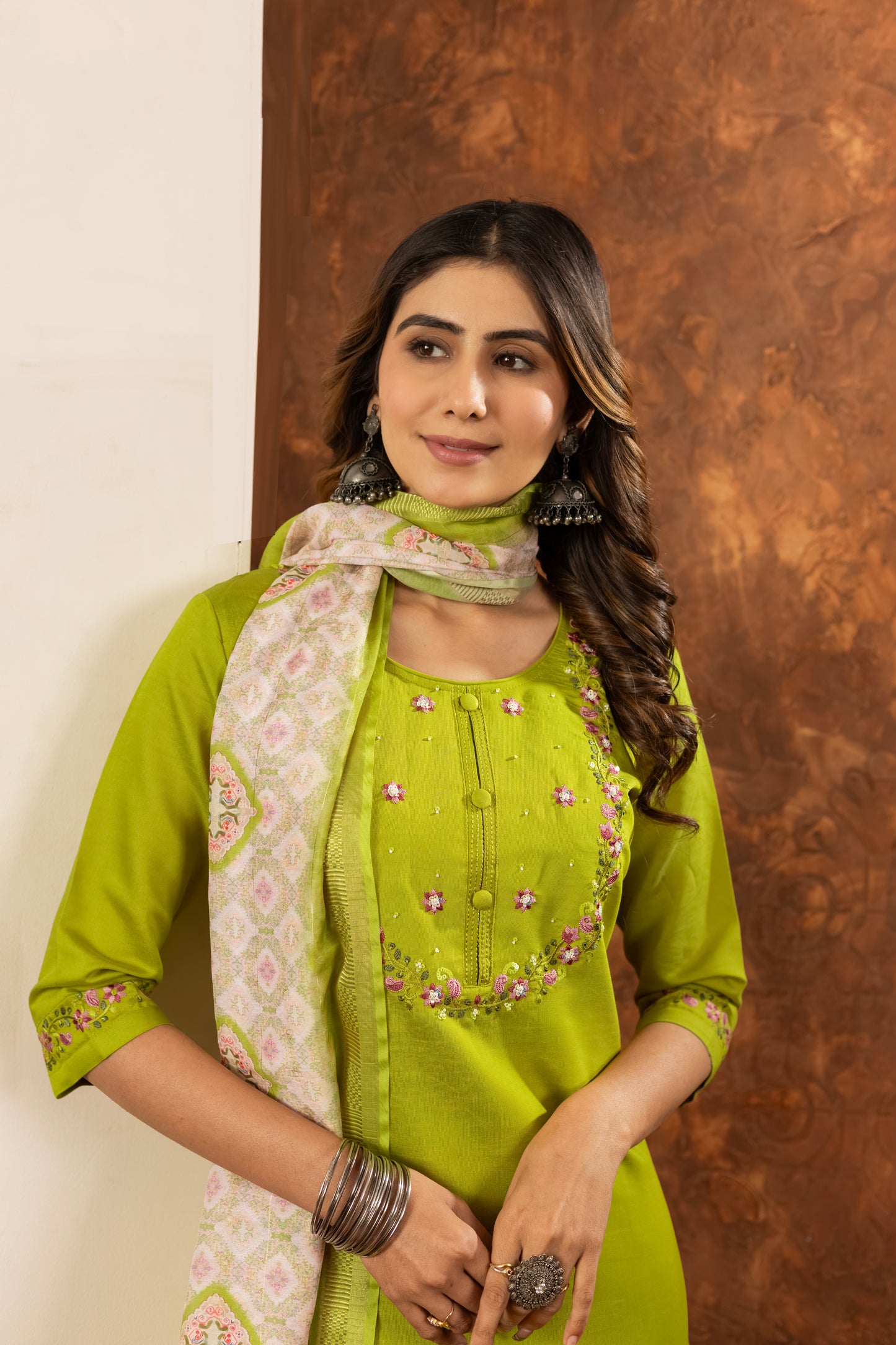 Elegant Straight Kurti Pant Dupatta Set Marina Silk Perot green colour