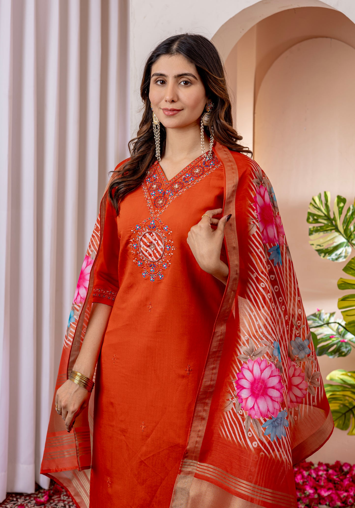 Marina Viscose Silk Orange colour Elegant Straight Kurti Pant Dupatta Set