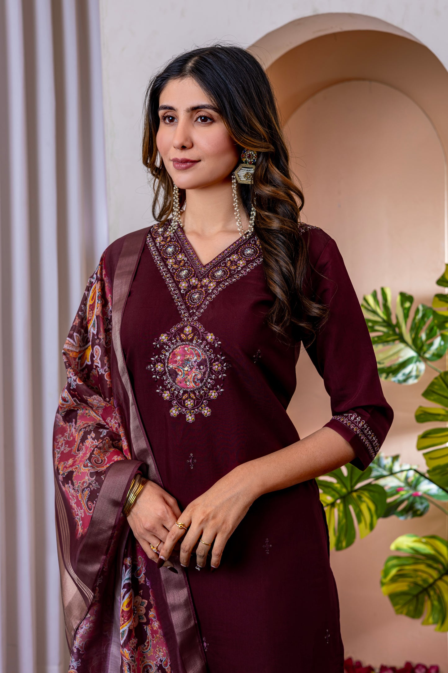 Marina Viscose Silk Wine Colour Elegant Straight Kurti Pant Dupatta Set