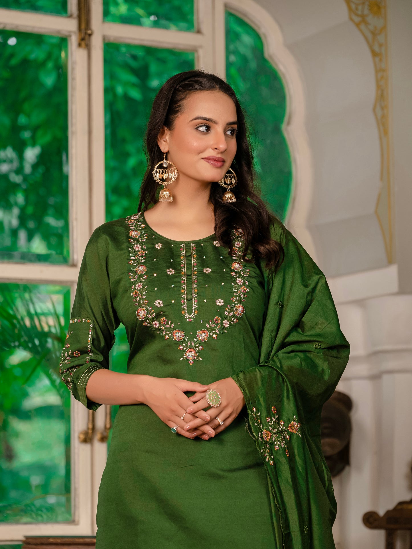 Marina Silk Mehndi Green Colour Elegant Straight Kurti Pant Dupatta Set