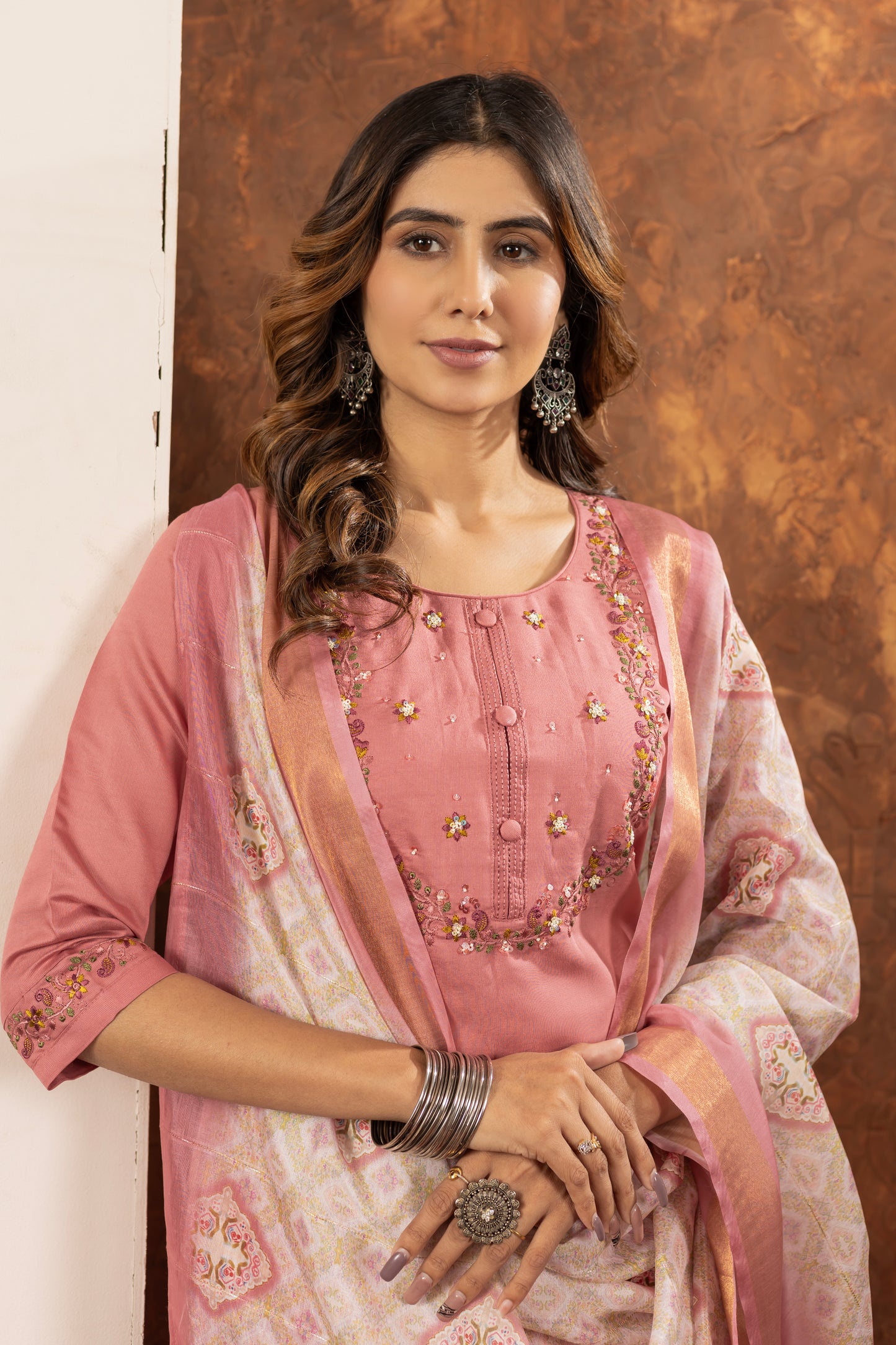 Elegant Straight Kurti Pant Dupatta Set  Marina Silk Peach color