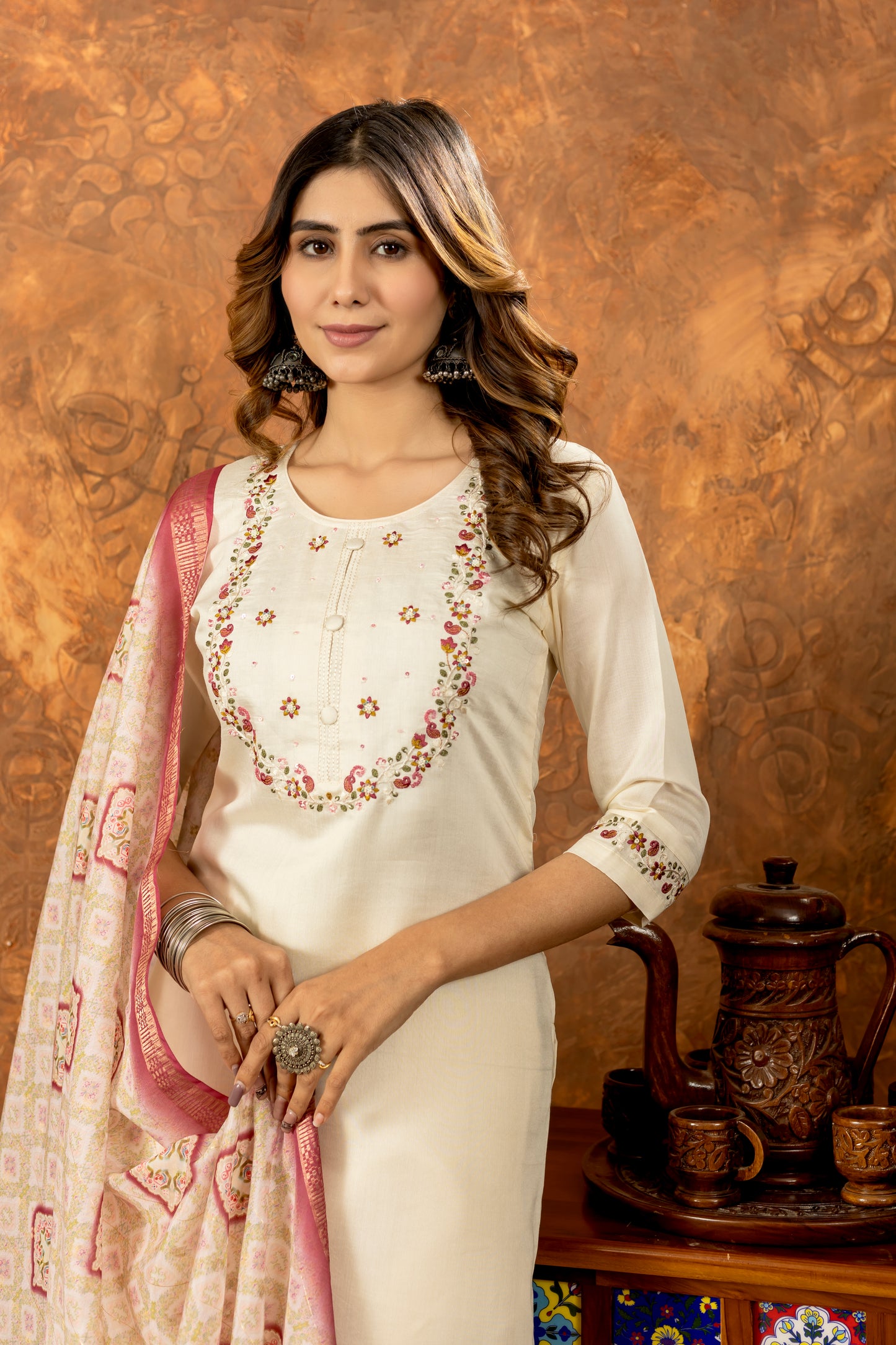 Elegant Straight Kurti Pant Dupatta Set Marina Silk Off White colour