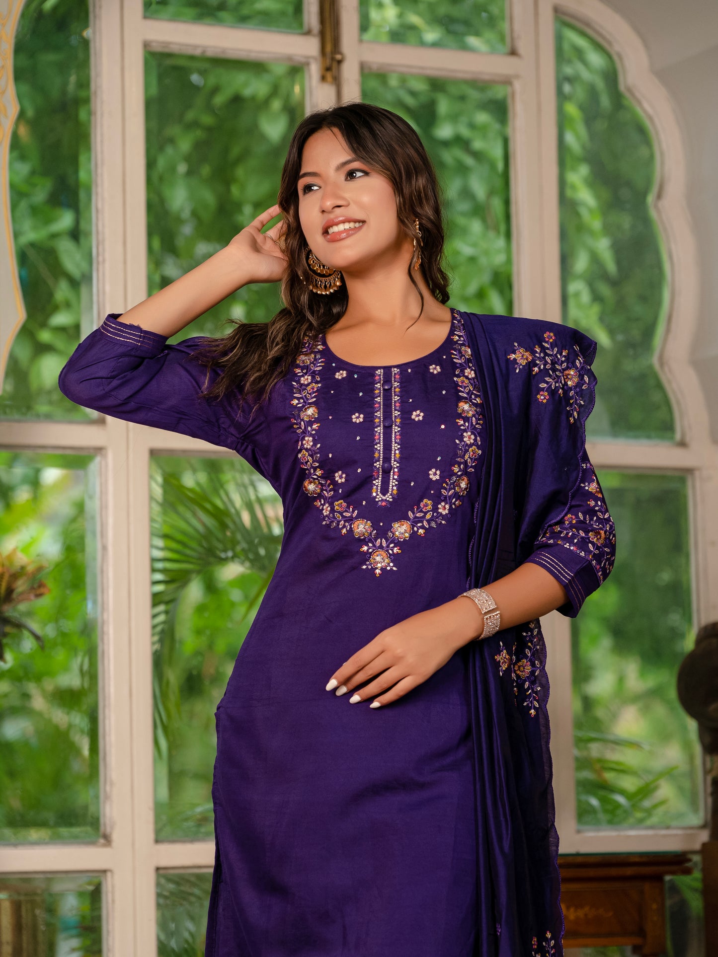 Marina Silk Violet Colour Elegant Straight Kurti Pant Dupatta Set
