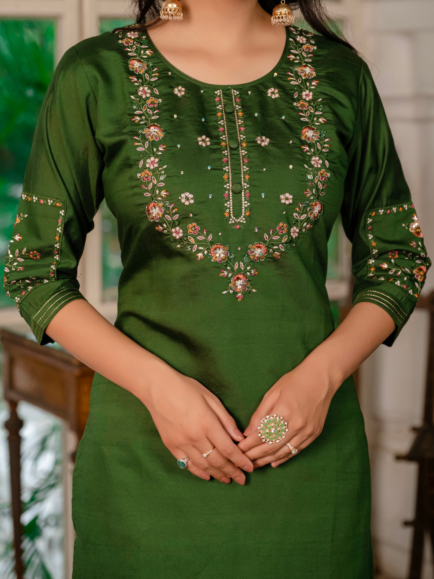 Marina Silk Mehndi Green Colour Elegant Straight Kurti Pant Dupatta Set