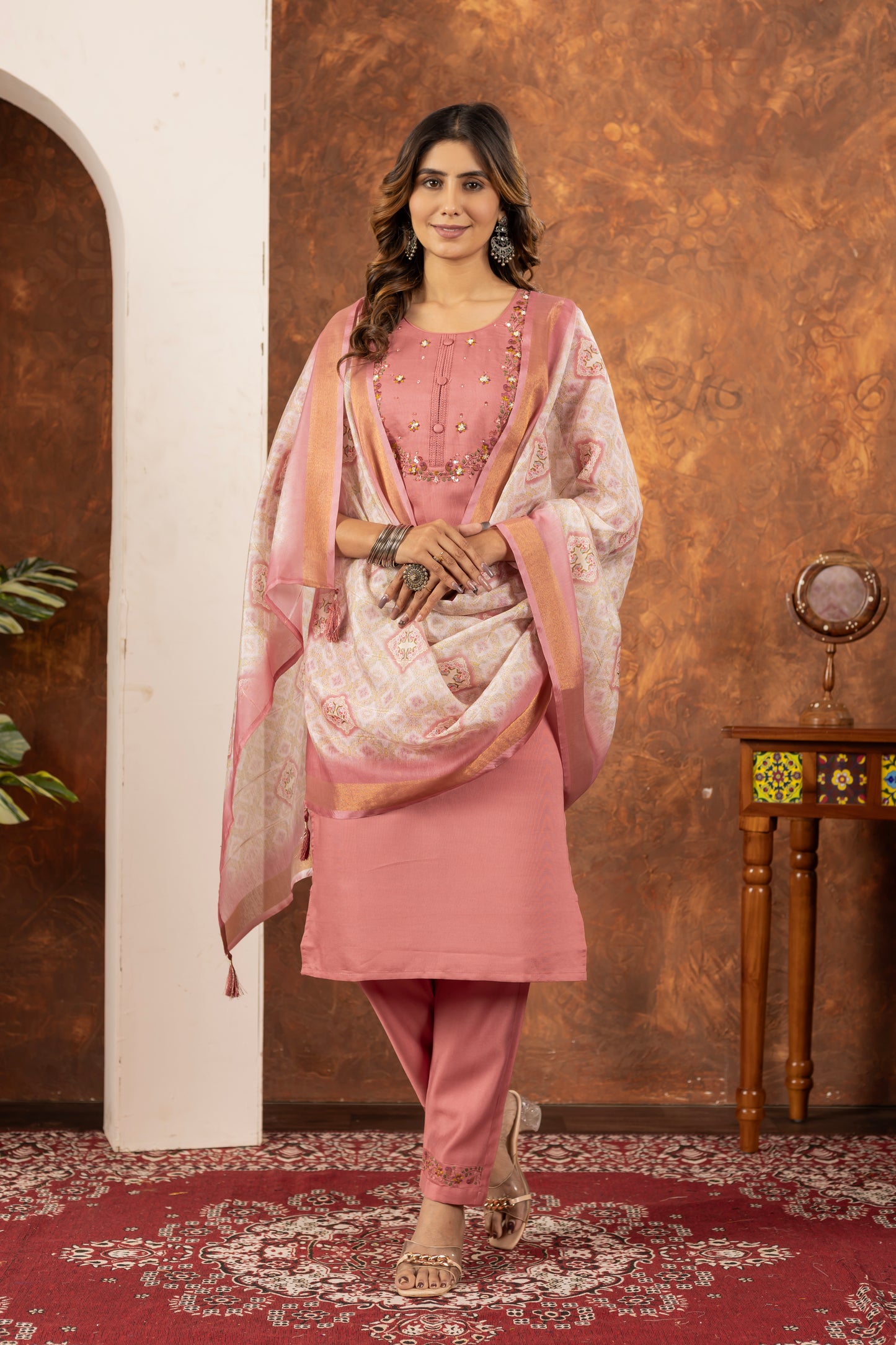 Elegant Straight Kurti Pant Dupatta Set  Marina Silk Peach color