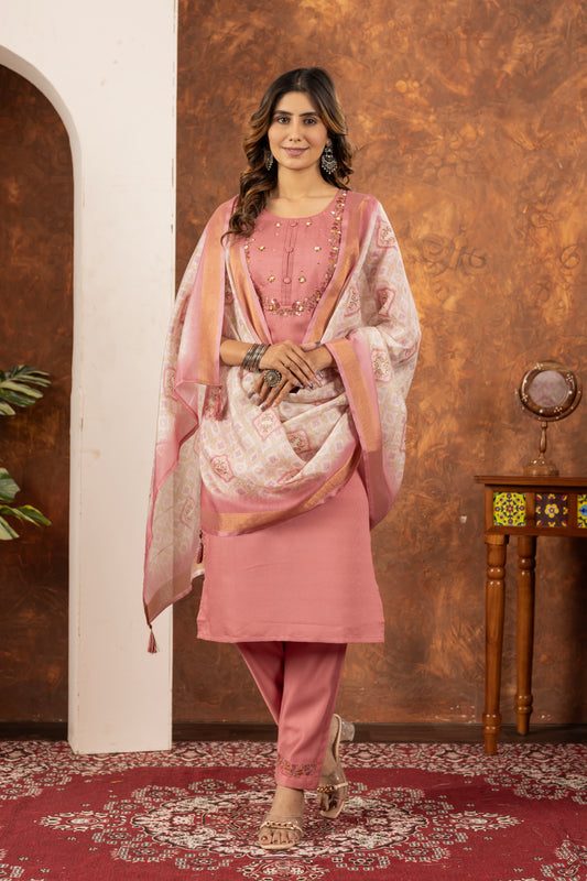 Elegant Straight Kurti Pant Dupatta Set  Marina Silk Peach color